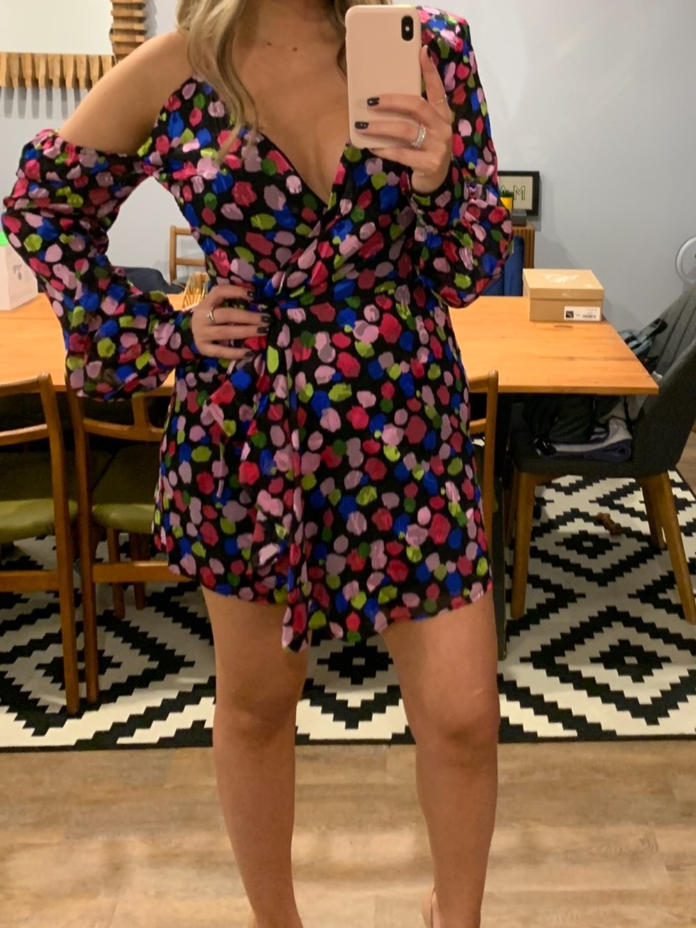NBD Black with Multicolor Dot Print wrap off the shoulder dress